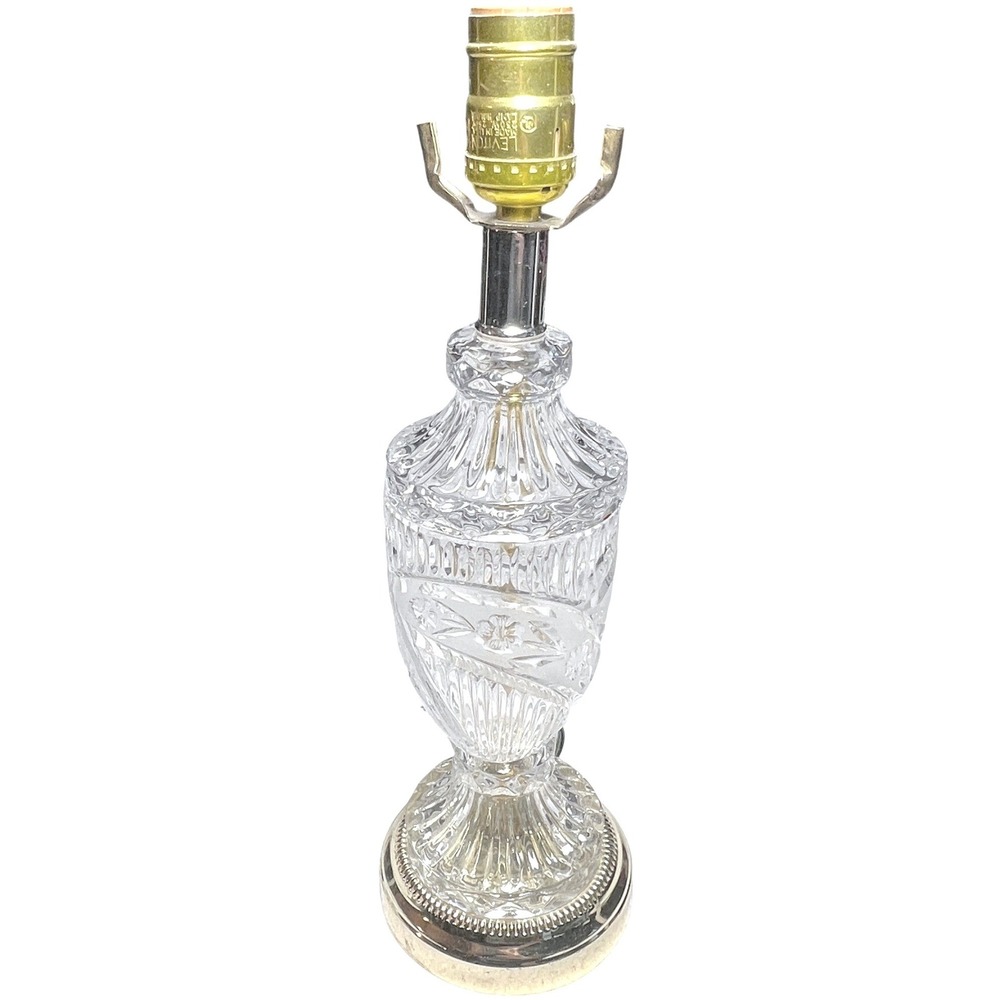 Elegant Cut Crystal Urn Table Lamp Base Brass Etched Floral Glass Leviton 14.5